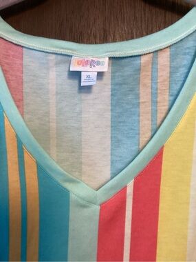 LuLaRoe V-Neck Striped Top in Mint, Coral, Aqua & Yellow